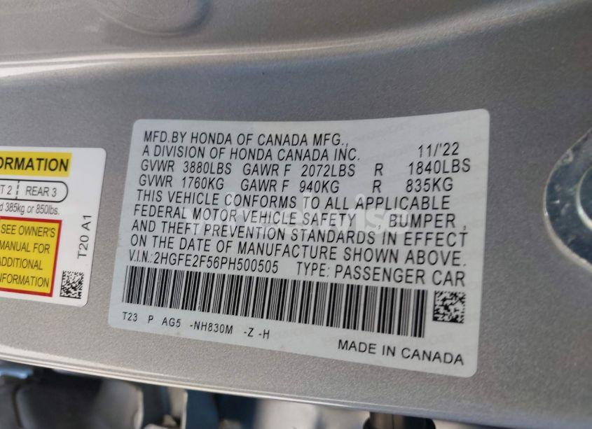 Photo 9 of 2023 Honda Civic SPORT (VIN 2HGFE2F56PH500505)