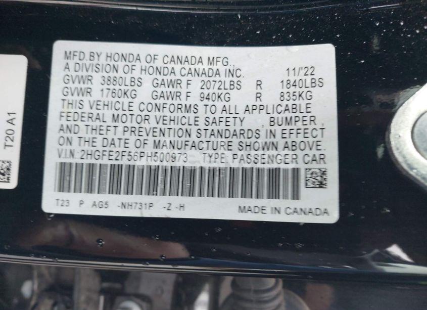 Photo 9 of 2023 Honda Civic SPORT (VIN 2HGFE2F56PH500973)