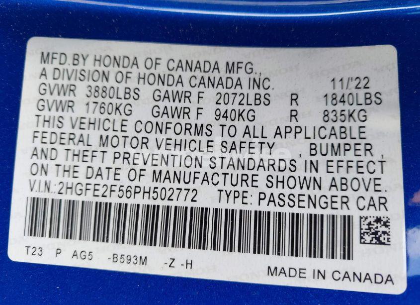 Photo 9 of 2023 Honda Civic SPORT (VIN 2HGFE2F56PH502772)