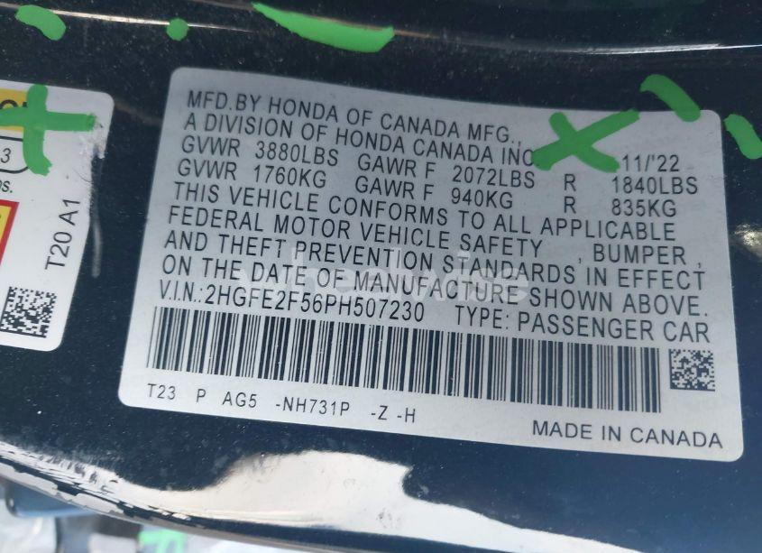 Photo 9 of 2023 Honda Civic SPORT (VIN 2HGFE2F56PH507230)