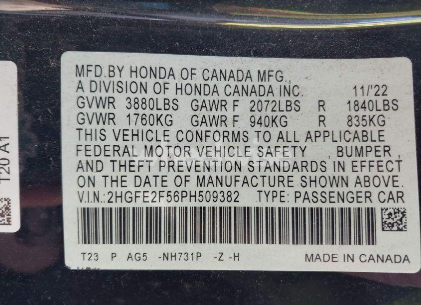 Photo 9 of 2023 Honda Civic SPORT (VIN 2HGFE2F56PH509382)