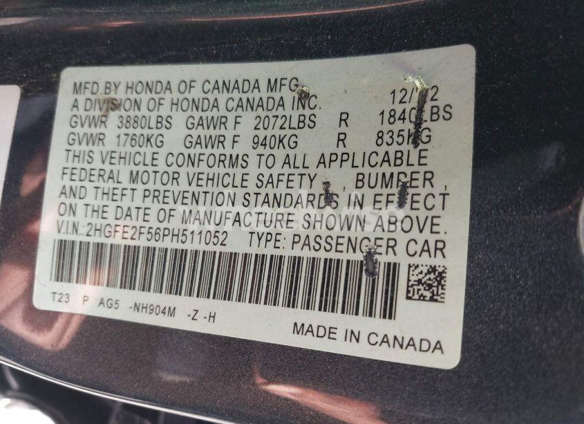 Photo 9 of 2023 Honda Civic SPORT (VIN 2HGFE2F56PH511052)