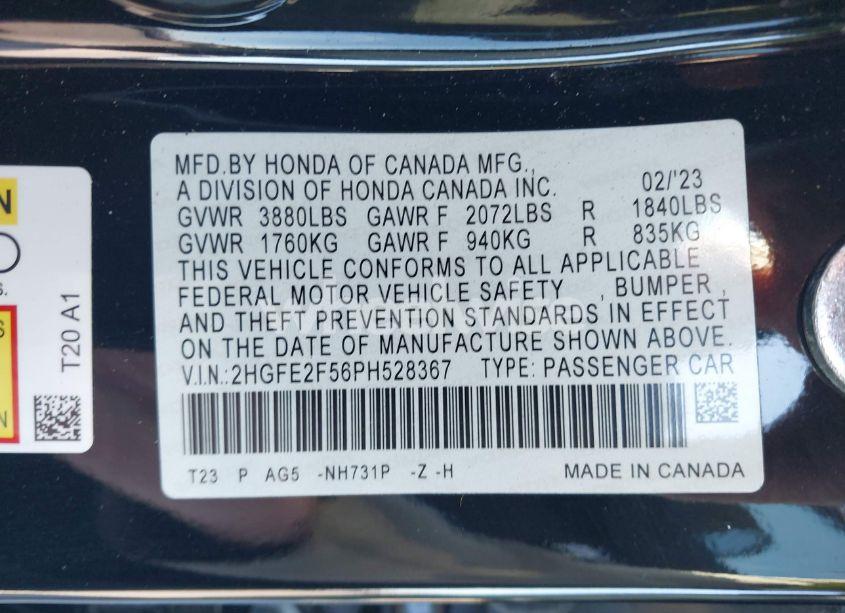 Photo 9 of 2023 Honda Civic SPORT (VIN 2HGFE2F56PH528367)