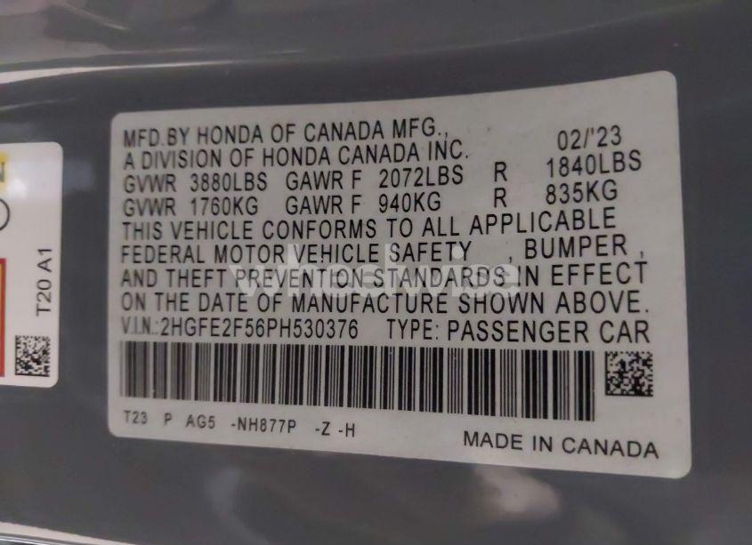 Photo 9 of 2023 Honda Civic SPORT (VIN 2HGFE2F56PH530376)