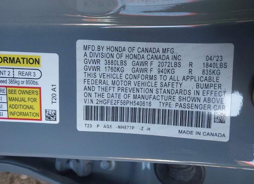 Photo 9 of 2023 Honda Civic SPORT (VIN 2HGFE2F56PH540616)