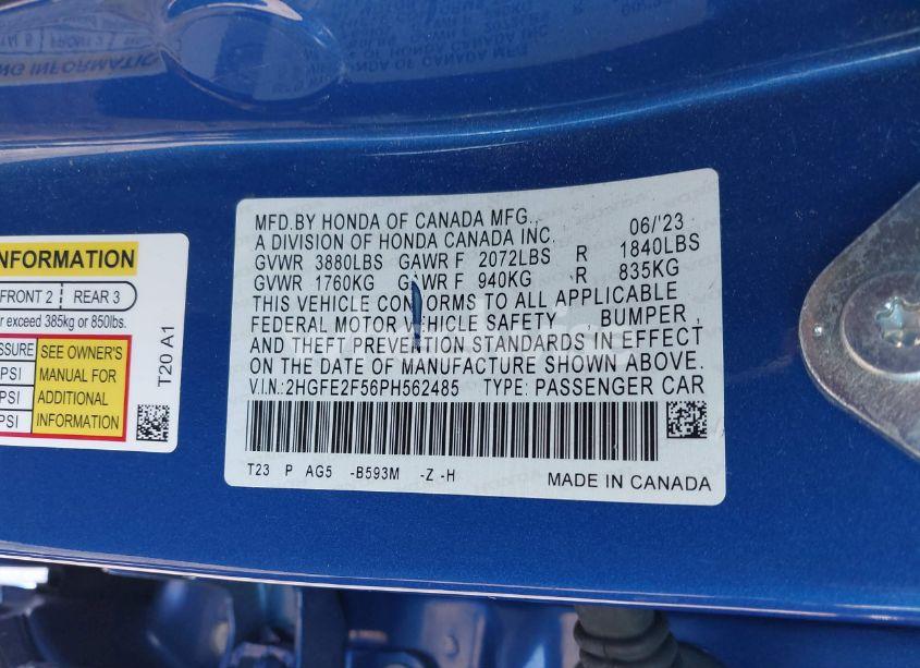 Photo 9 of 2023 Honda Civic SPORT (VIN 2HGFE2F56PH562485)