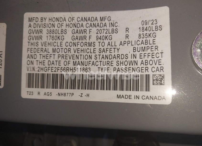 Photo 9 of 2024 Honda Civic SPORT (VIN 2HGFE2F56RH511863)