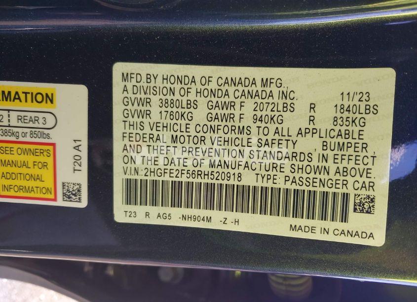 Photo 9 of 2024 Honda Civic SPORT (VIN 2HGFE2F56RH520918)