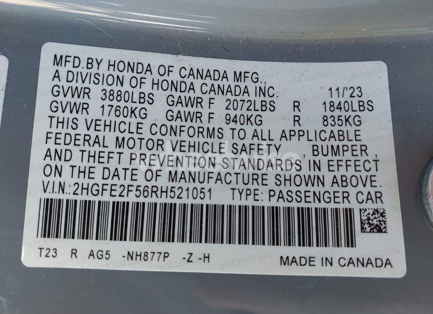 Photo 9 of 2024 Honda Civic SPORT (VIN 2HGFE2F56RH521051)