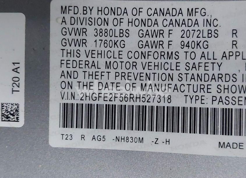 Photo 9 of 2024 Honda Civic SPORT (VIN 2HGFE2F56RH527318)