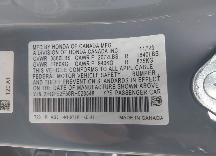 Photo 9 of 2024 Honda Civic SPORT (VIN 2HGFE2F56RH528548)