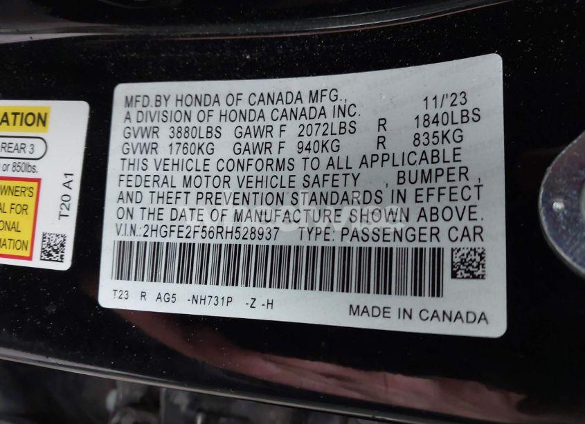 Photo 9 of 2024 Honda Civic SPORT (VIN 2HGFE2F56RH528937)