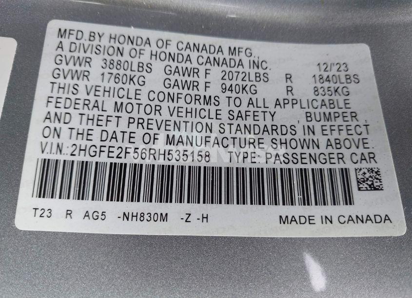 Photo 9 of 2024 Honda Civic SPORT (VIN 2HGFE2F56RH535158)