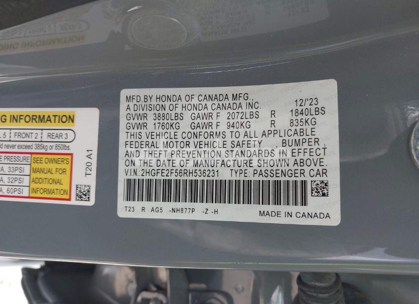 Photo 9 of 2024 Honda Civic SPORT (VIN 2HGFE2F56RH536231)