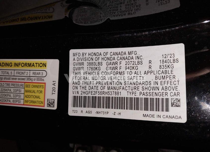 Photo 9 of 2024 Honda Civic SPORT (VIN 2HGFE2F56RH537881)