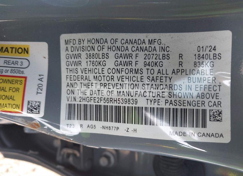 Photo 9 of 2024 Honda Civic SPORT (VIN 2HGFE2F56RH539839)