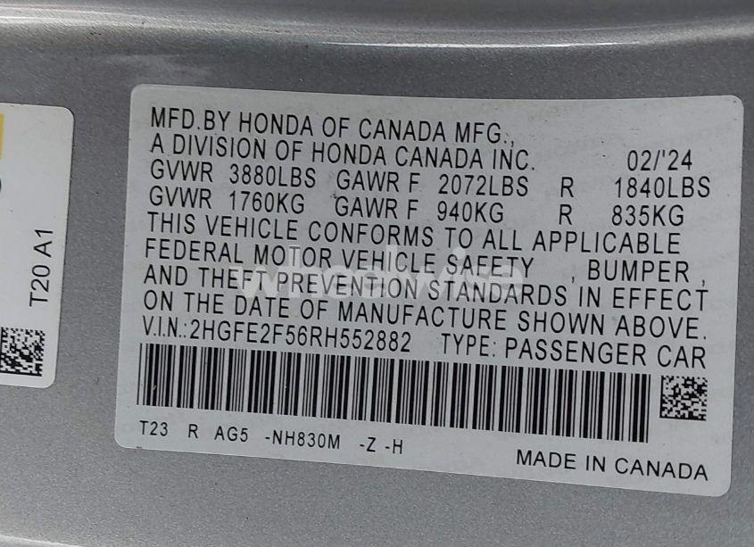 Photo 9 of 2024 Honda Civic SPORT (VIN 2HGFE2F56RH552882)