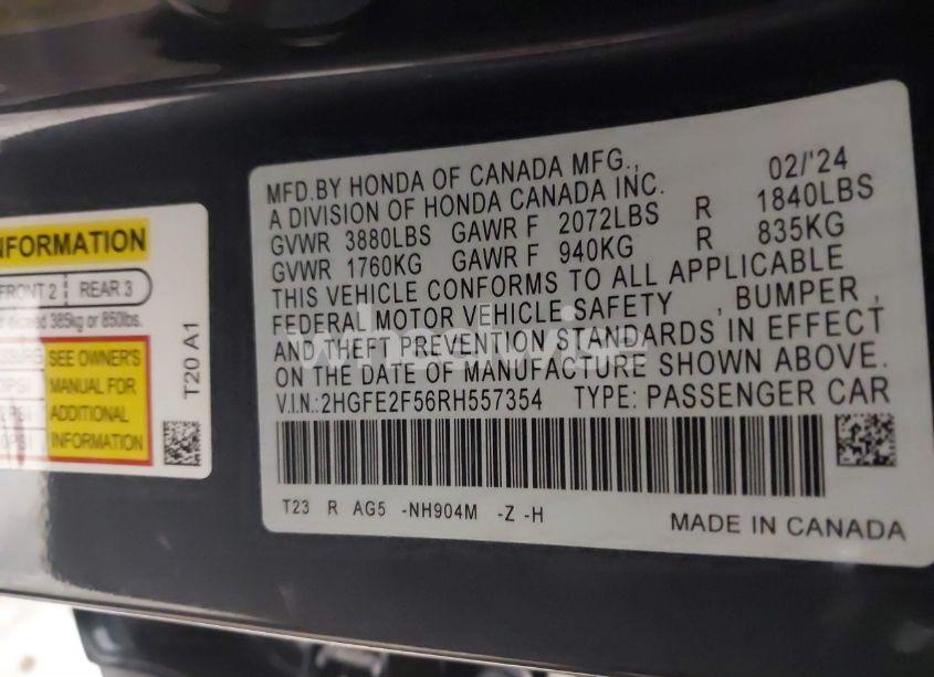 Photo 9 of 2024 Honda Civic SPORT (VIN 2HGFE2F56RH557354)