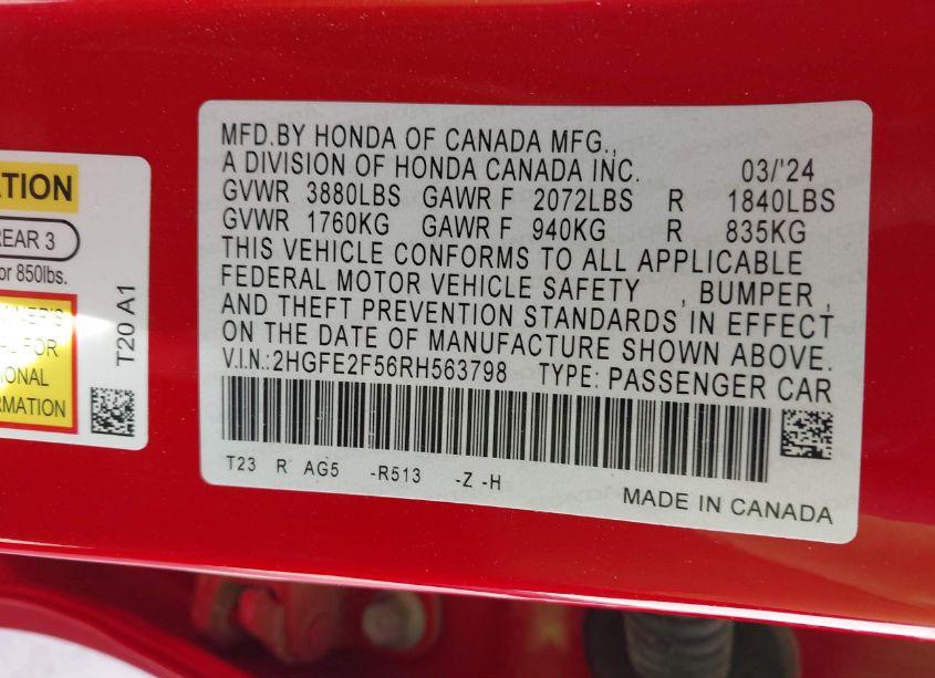 Photo 9 of 2024 Honda Civic SPORT (VIN 2HGFE2F56RH563798)