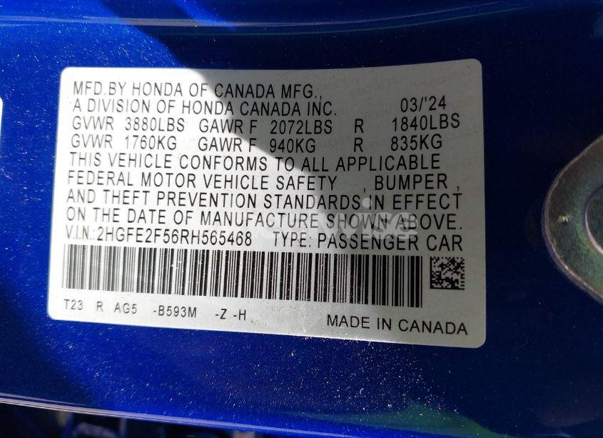 Photo 9 of 2024 Honda Civic SPORT (VIN 2HGFE2F56RH565468)