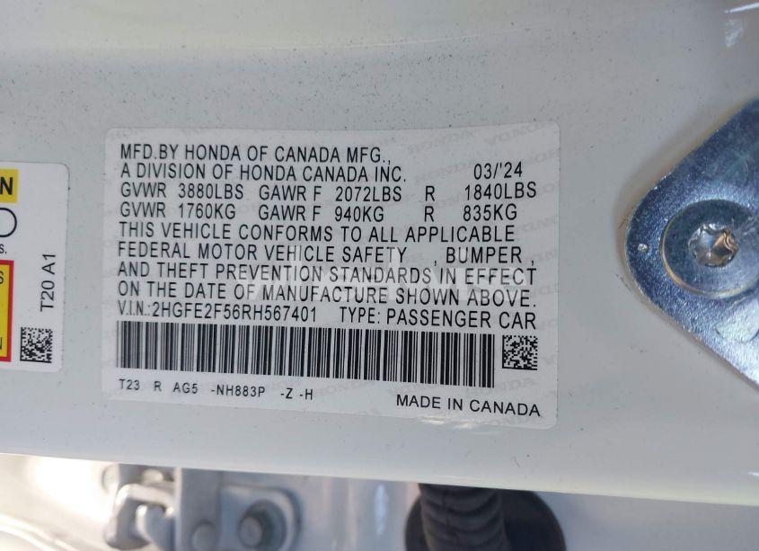 Photo 9 of 2024 Honda Civic SPORT (VIN 2HGFE2F56RH567401)