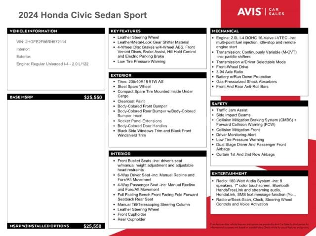 Photo 2 of 2024 HONDA CIVIC SPORT (VIN 2HGFE2F56RH572114)