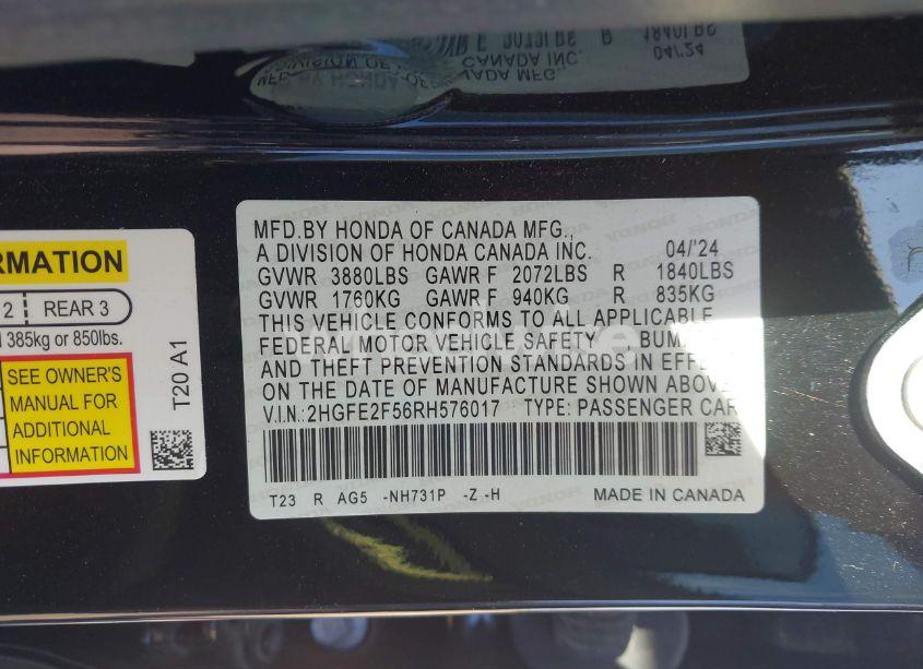 Photo 9 of 2024 Honda Civic SPORT (VIN 2HGFE2F56RH576017)