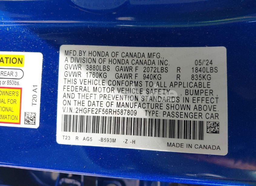 Photo 9 of 2024 Honda Civic SPORT (VIN 2HGFE2F56RH587809)