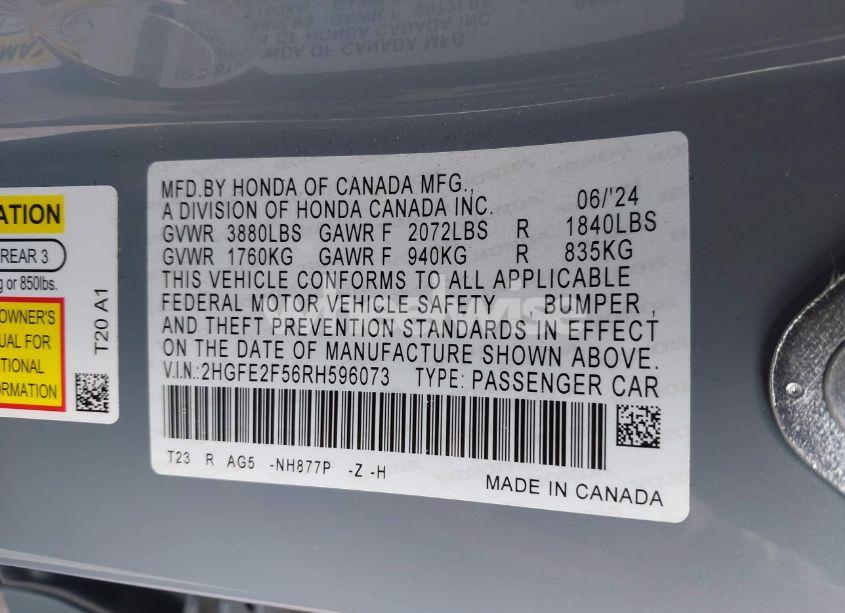 Photo 9 of 2024 Honda Civic SPORT (VIN 2HGFE2F56RH596073)