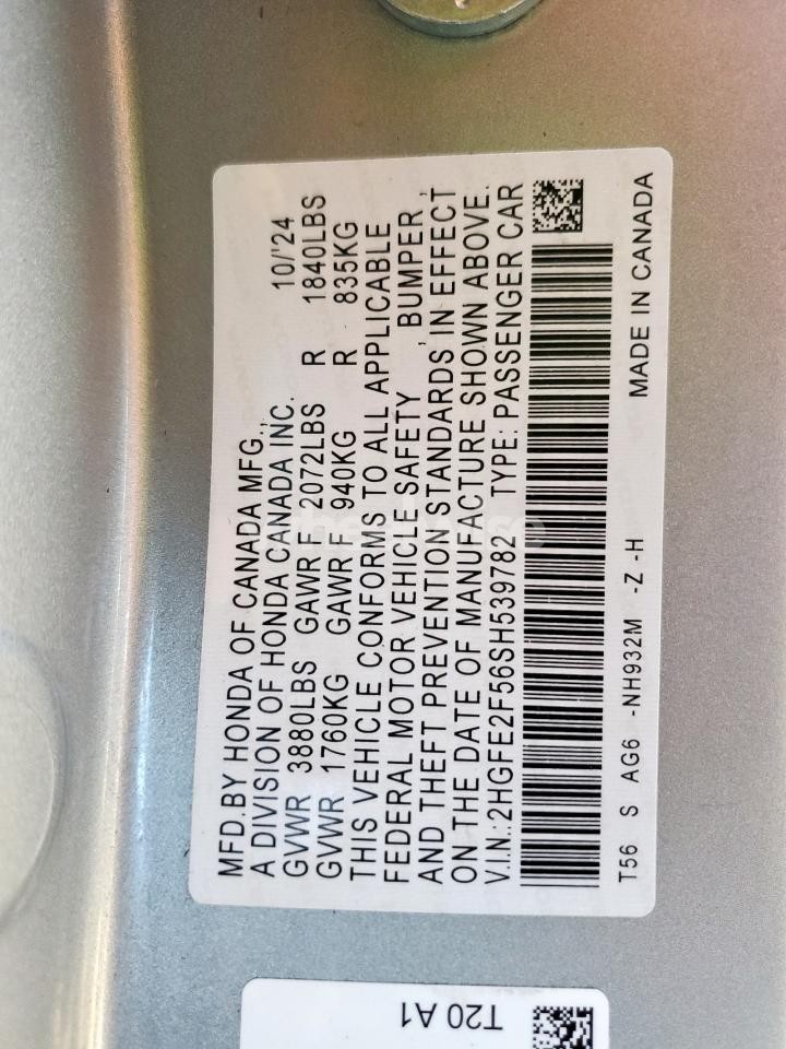 Photo 12 of 2025 HONDA CIVIC SPORT (VIN 2HGFE2F56SH539782)