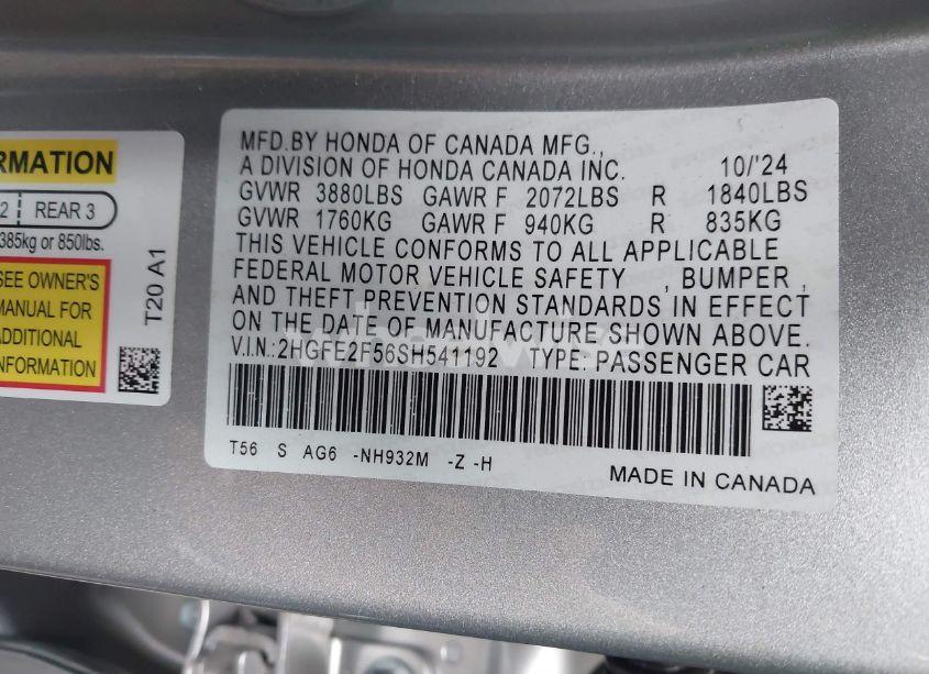 Photo 9 of 2025 Honda Civic SPORT (VIN 2HGFE2F56SH541192)