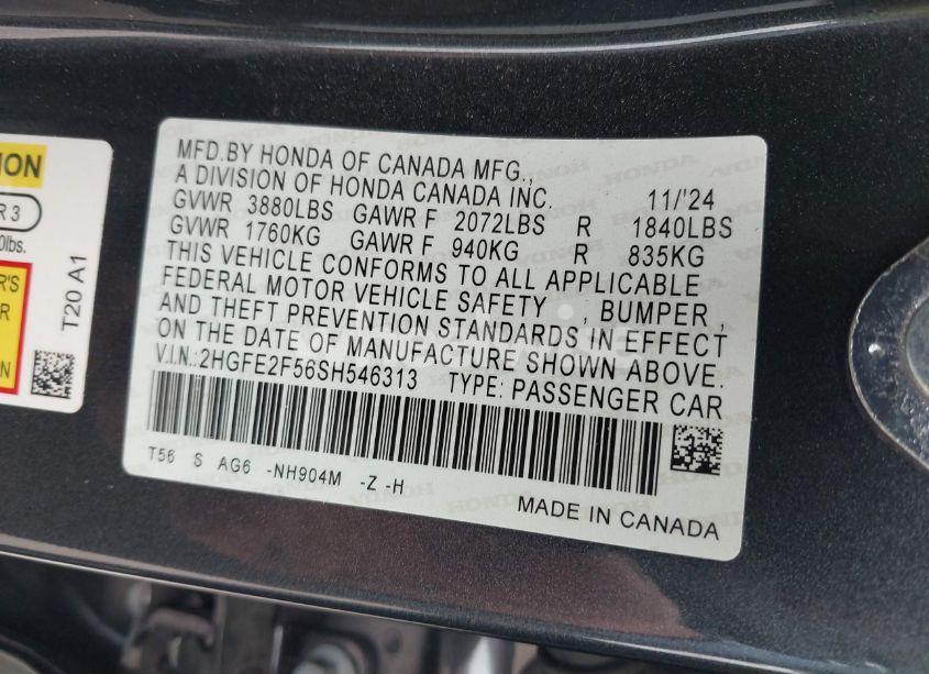 Photo 9 of 2025 Honda Civic SPORT (VIN 2HGFE2F56SH546313)