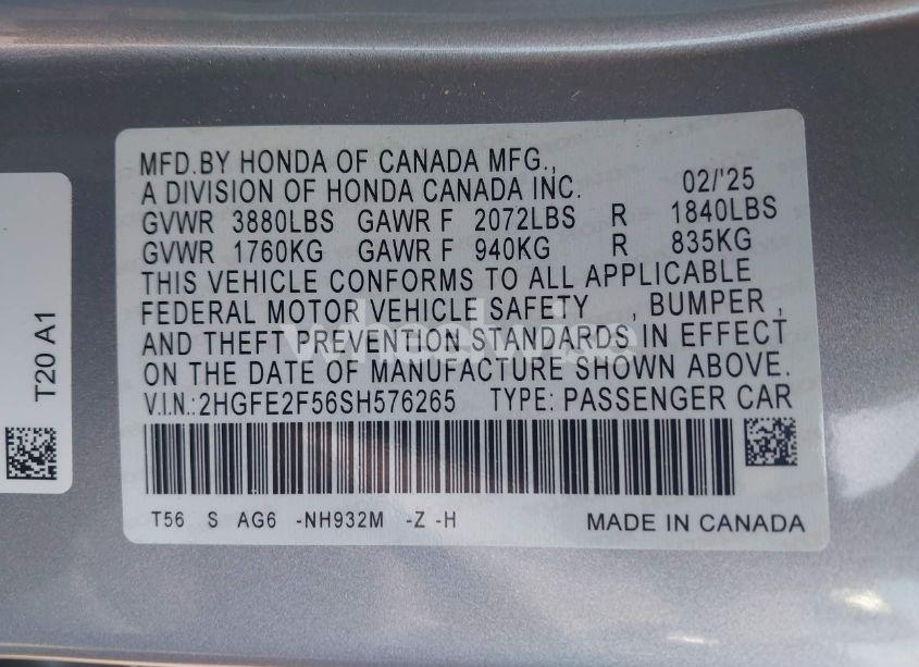 Photo 9 of 2025 Honda Civic SPORT (VIN 2HGFE2F56SH576265)