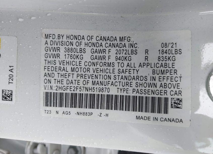 Photo 9 of 2022 Honda Civic SPORT (VIN 2HGFE2F57NH519870)