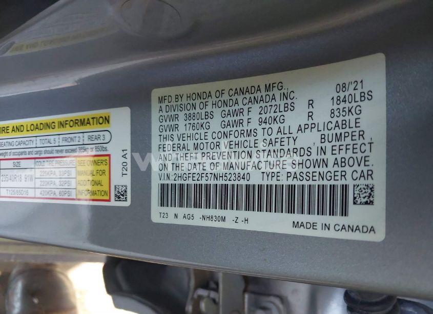 Photo 9 of 2022 Honda Civic SPORT (VIN 2HGFE2F57NH523840)