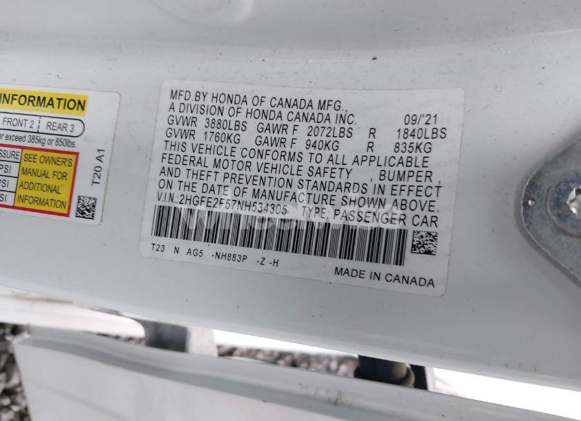 Photo 9 of 2022 Honda Civic SPORT (VIN 2HGFE2F57NH534305)