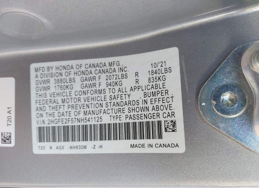 Photo 9 of 2022 Honda Civic SPORT (VIN 2HGFE2F57NH541125)