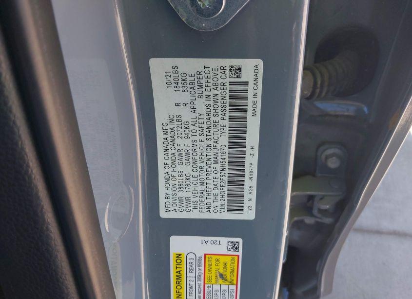 Photo 9 of 2022 Honda Civic SPORT (VIN 2HGFE2F57NH541870)