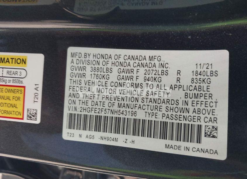 Photo 9 of 2022 Honda Civic SPORT (VIN 2HGFE2F57NH543196)
