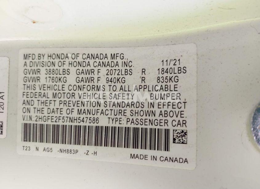 Photo 9 of 2022 Honda Civic SPORT (VIN 2HGFE2F57NH547586)