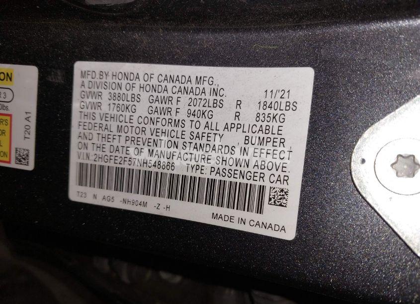 Photo 9 of 2022 Honda Civic SPORT (VIN 2HGFE2F57NH548866)