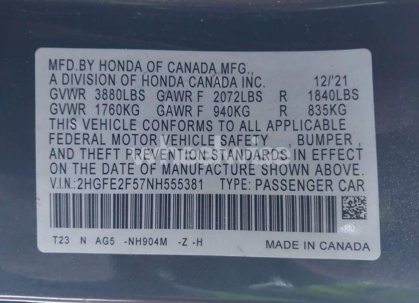 Photo 9 of 2022 Honda Civic SPORT (VIN 2HGFE2F57NH555381)
