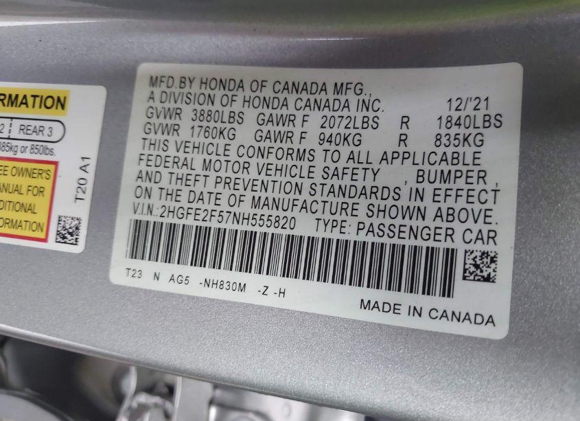 Photo 9 of 2022 Honda Civic SPORT (VIN 2HGFE2F57NH555820)