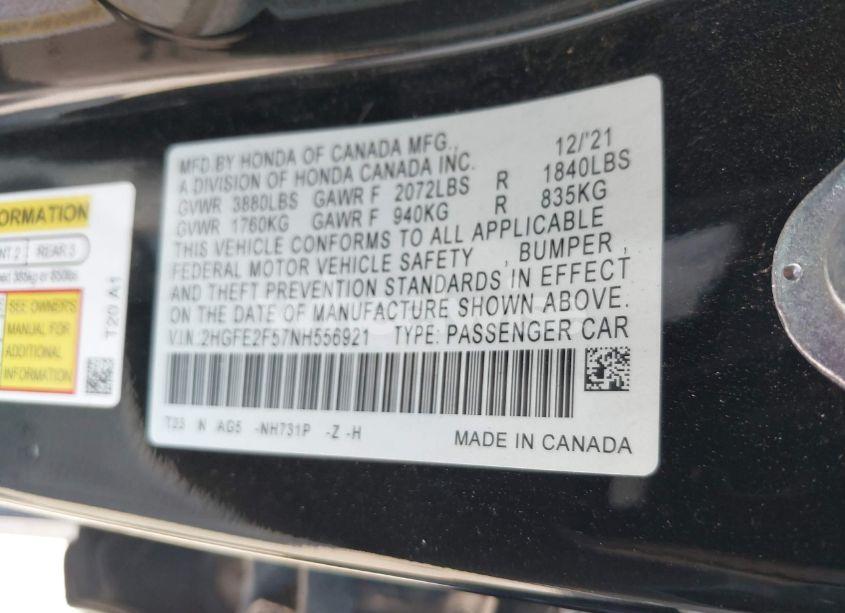 Photo 9 of 2022 Honda Civic SPORT (VIN 2HGFE2F57NH556921)