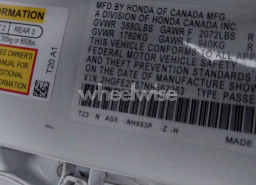 Photo 9 of 2022 Honda Civic SPORT (VIN 2HGFE2F57NH562363)