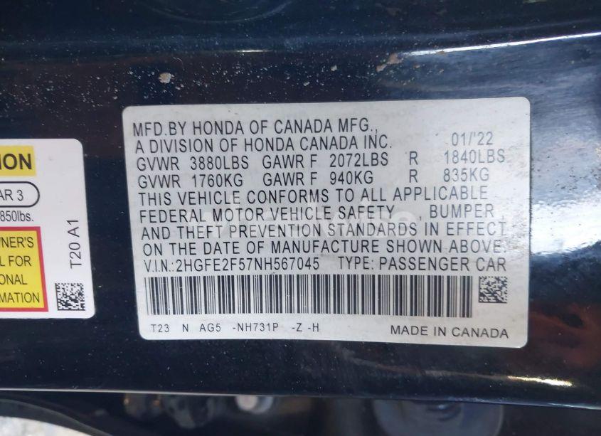 Photo 9 of 2022 Honda Civic SPORT (VIN 2HGFE2F57NH567045)
