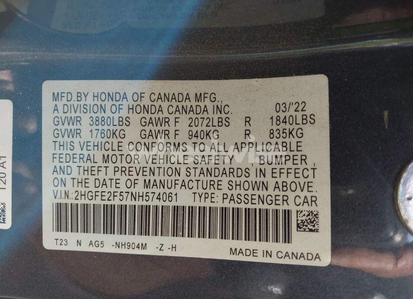 Photo 9 of 2022 Honda Civic SPORT (VIN 2HGFE2F57NH574061)
