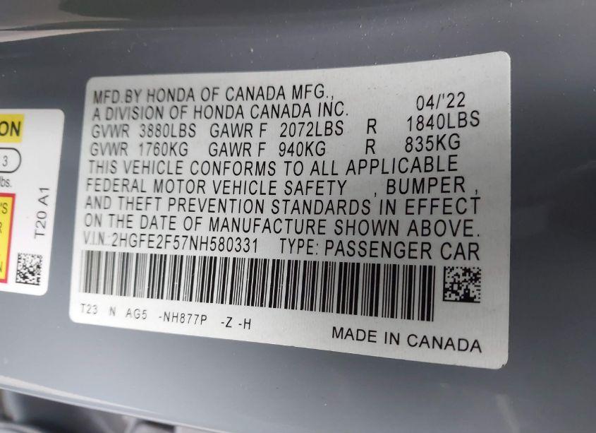 Photo 9 of 2022 Honda Civic SPORT (VIN 2HGFE2F57NH580331)
