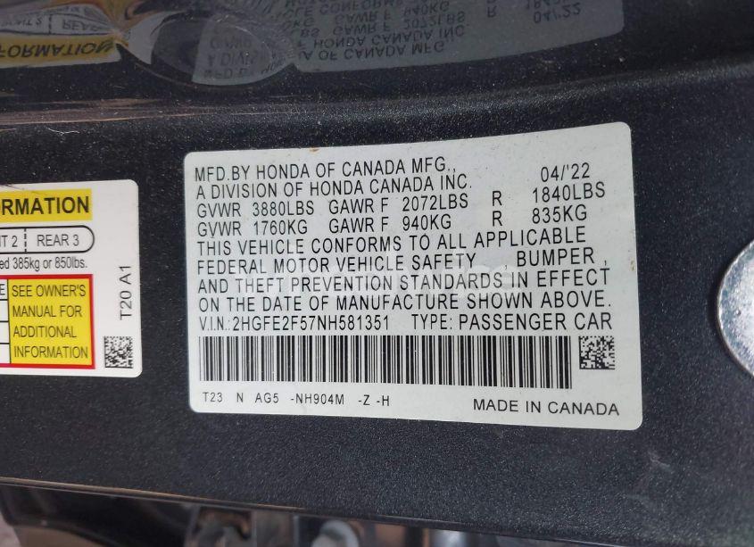 Photo 9 of 2022 Honda Civic SPORT (VIN 2HGFE2F57NH581351)