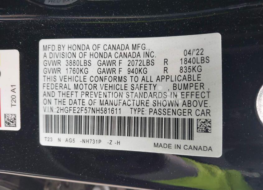 Photo 9 of 2022 Honda Civic SPORT (VIN 2HGFE2F57NH581611)